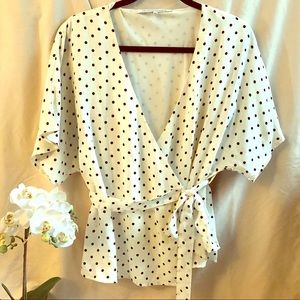 White w/black polka dot flutter sleeve wrap blouse